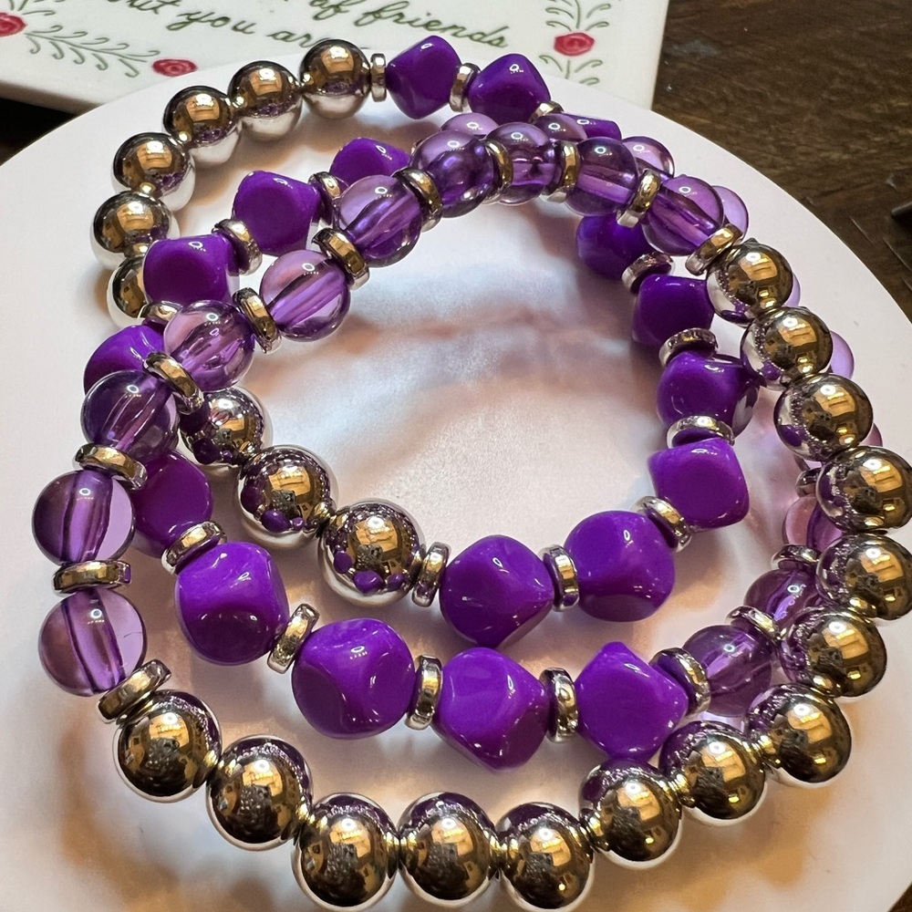 💜Purple and Silver Beaded Bracelet Set of 3